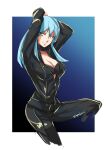  1girl arms_up belt blue_hair bodysuit breasts center_opening cleavage closed_mouth collar devil_summoner gin&#039;oya highres long_hair looking_at_viewer nemissa smile solo soul_hackers yellow_eyes zipper 