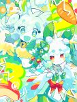  1boy 1girl :&lt; :d animal_ears aqua_eyes bell blush_stickers carrot closed_mouth clover-shaped_pupils colored_skin gradient_hair green_theme highres japanese_clothes light_green_hair looking_at_viewer midriff multicolored_hair open_mouth original rabbit_boy rabbit_ears rabbit_girl red_eyes smile sowao. symbol-shaped_pupils v-shaped_eyebrows white_hair white_skin 
