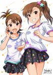  2021 2girls :d absurdres black_skirt brown_eyes brown_hair collarbone cowboy_shot dated futami_ami futami_mami grin hair_ornament hair_scrunchie highres idolmaster idolmaster_(classic) long_hair looking_at_viewer miniskirt multiple_girls one_side_up pleated_skirt print_shirt print_skirt scrunchie shiny shiny_hair shirt short_hair short_sleeves siblings side_ponytail sisters skirt smile standing star_(symbol) star_hair_ornament t-shirt takatsuki_p triangle_print twins white_shirt yellow_scrunchie 