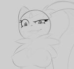  2022 anthro arteficialtrees black_nose blush breasts bust_portrait chest_gem eyelashes fangs feathers female forehead_gem generation_8_pokemon grey_background looking_at_viewer looking_down monochrome neck_tuft nintendo nipples open_mouth pokemon pokemon_(species) portrait simple_background skeptical sketch sneasler solo tongue tuft video_games 