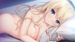  1girl :3 areola_slip ass ayase_hazuki bangs bed_sheet blonde_hair breasts closed_mouth collarbone completely_nude futaba_natsuho game_cg hair_between_eyes indoors large_breasts long_hair looking_at_viewer lying multicolored_hair nude on_stomach pillow pink_hair shiny shiny_hair solo straight_hair two-tone_hair very_long_hair yellow_eyes yubisaki_connection 