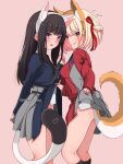  2girls :p absurdres animal_ears arm_behind_back black_hair blonde_hair blue_jacket blush breasts cat_ears cat_tail closed_mouth clothes_lift convenient_censoring dog_ears dog_tail eleazarmikai fake_animal_ears grey_skirt hair_ribbon highres inoue_takina jacket lifted_by_self long_hair looking_at_viewer lycoris_recoil medium_breasts multiple_girls nishikigi_chisato one_side_up open_mouth panties panty_peek pink_background pleated_skirt purple_eyes red_eyes red_jacket red_ribbon ribbon school_uniform short_hair simple_background skirt skirt_lift tail tail_censor thighs tongue tongue_out twitter_username underwear white_panties yuri 