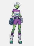  1girl bodysuit boots cheelai colored_skin dragon_ball dragon_ball_super dragon_ball_super_broly full_body gloves green_skin grey_background kemachiku looking_at_viewer pink_eyes purple_bodysuit short_hair simple_background solo standing white_footwear white_gloves white_hair 