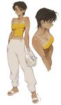  1girl breasts brown_eyes brown_hair cleavage crop_top dark_skin expressionless from_side full_body hands_in_pockets highres looking_at_viewer midriff morry navel original pants shirt short_hair signature slippers solo standing sweatpants very_short_hair white_background white_pants yellow_shirt 