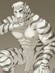  2021 abs anthro arknights balls biceps black_stripes felid flaccid foreskin fur genitals hair hi_res humanoid_genitalia hypergryph looking_aside male mammal mountain_(arknights) muscular muscular_anthro muscular_male navel nipples nude pantherine pecs penis pngx_(artist) portrait pubes scar short_hair simple_background solo standing stripes studio_montagne three-quarter_portrait tiger video_games white_body white_fur wiping_mouth 