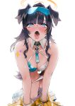  1girl absurdres animal_ears bang5410 bangs bare_shoulders black_hair blue_archive blue_eyes blunt_bangs blush breasts cleavage collar dog_ears dog_tail drooling goggles goggles_on_head halo hibiki_(blue_archive) highres long_hair open_mouth panties pleated_skirt pom_pom_(cheerleading) pussy_juice saliva skirt skirt_around_one_leg solo tail tongue tongue_out underwear white_panties 