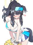  1girl animal_ears bare_shoulders black_hair blue_archive blue_eyes blush breasts bright_pupils cheerleader cleavage collarbone crop_top dog_ears dog_girl dog_tail english_text eyewear_on_head goggles goggles_on_head halo heart hibiki_(cheerleader)_(blue_archive) highres holding holding_pom_poms leaning_forward looking_at_viewer medium_breasts midriff nanana_narang pom_pom_(cheerleading) ponytail sidelocks skirt solo sticker_on_face sweatdrop tail v_arms white_skirt 
