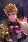  2boys at4190_(user_vzac7788) black_shirt blonde_hair brown_eyes brown_hair closed_mouth coat dio_brando earrings gift heart highres holding holding_gift jacket jewelry jojo_no_kimyou_na_bouken long_sleeves looking_at_viewer medium_hair multiple_boys pov shirt smile stardust_crusaders terence_t._d&#039;arby vampire white_coat yellow_eyes yellow_jacket 