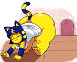  2021 absurd_res animal_crossing ankha_(animal_crossing) anthro big_butt blue_hair bottom_heavy breasts bubble_butt butt clothing curvaceous curvy_figure detailed_background digital_drawing_(artwork) digital_media_(artwork) domestic_cat dress egyptian eyelashes eyes_closed feet felid feline felis female fingers fur hair hi_res huge_butt inside mammal nintendo short_hair smile solo stretching superspoe thick_thighs toes uraeus video_games voluptuous wide_hips yellow_body yellow_fur 