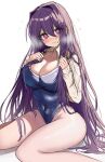  1girl b4_(yonten) blue_one-piece_swimsuit blush breasts cleavage covered_navel doki_doki_literature_club flying_sweatdrops hair_ornament hairclip highres large_breasts long_hair looking_at_viewer one-piece_swimsuit purple_eyes purple_hair school_swimsuit solo sweater swimsuit very_long_hair war yuri_(doki_doki_literature_club) 