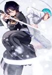  1boy 1girl back-to-back bangs black_eyes black_hair black_pants bleach blue_hair closed_mouth crossover fingerless_gloves ghiaccio glasses gloves holding holding_sword holding_weapon jacket japanese_clothes jojo_no_kimyou_na_bouken katana kuchiki_rukia long_sleeves looking_at_another looking_back pants red_footwear sheath short_hair smile snowing soraao0322 sword vento_aureo weapon white_background white_gloves white_jacket 
