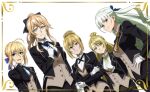  5girls :d ahoge artoria_pendragon_(fate) bangs black_bow black_jacket black_ribbon blonde_hair blue_bow blue_necktie bow braid braided_bun brown_eyes brown_vest character_request closed_mouth crossed_arms dutch_angle fate/stay_night fate_(series) formal framed genshin_impact gloves green_eyes green_hair grey_eyes hair_between_eyes hair_bow hair_bun hand_in_own_hair hand_on_hip high_ponytail highres higuchi_ichiyou_(bungou_stray_dogs) jacket jean_(genshin_impact) light_brown_hair long_hair long_sleeves looking_at_viewer miyabi_mt-b multiple_girls neck_ribbon necktie open_clothes open_jacket open_mouth orange_necktie ribbon saber saint-germain_(symphogear) senki_zesshou_symphogear shiny shiny_hair smile vest white_background white_gloves yellow_necktie 
