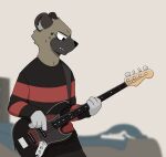  2021 3_fingers aggressive_retsuko anthro bed bed_sheet bedding bent_arm black_bottomwear black_clothing black_ears black_nose black_pants book bottomwear brown_body brown_face brown_fur brown_neck clothing digital_media_(artwork) electric_guitar eyebrows fingers fur furniture grey_body grey_fur grey_hands grey_inner_ear_fluff guitar haida half-closed_eyes head_tilt holding_object hyaenid inner_ear_fluff long_sleeves looking_at_object male mammal markings mouth_closed musical_instrument narrowed_eyes oonekoh pants pattern_clothing pattern_shirt pattern_topwear plucked_string_instrument sanrio shirt side_view snout solo spots spotted_hyena spotted_markings standing straps string_instrument striped_clothing striped_shirt striped_topwear stripes teeth topwear tuft wall_(structure) 