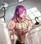  1boy abs at4190_(user_vzac7788) bangs black_eyes diavolo holding_clothes_hanger indoors jojo_no_kimyou_na_bouken lipstick long_hair makeup male_focus muscular muscular_male pants pink_eyes pink_hair polka_dot purple_pants shadow shirt short_sleeves solo white_shirt 