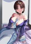  1girl absurdres bare_shoulders blush breasts brown_eyes brown_hair choker commentary_request dunyarzad_(genshin_impact) earrings genshin_impact highres huge_breasts jewelry light_smile on_bed short_hair sitting solo tian_kazuki tiara 