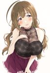  1girl blush breasts brown_eyes brown_hair hand_on_own_chest hitotsuki_nanoka idolmaster idolmaster_shiny_colors kuwayama_chiyuki large_breasts long_hair looking_at_viewer open_mouth skirt smile solo twintails 