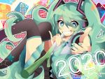  1girl 2020 aqua_eyes aqua_hair aqua_nails aqua_necktie aqua_theme bangs black_footwear black_skirt black_sleeves blush boots bright_pupils collared_shirt detached_sleeves food grey_shirt grin hair_between_eyes hatsune_miku highres holding holding_food holding_spring_onion holding_vegetable knees_up long_hair looking_at_viewer necktie polka_dot polka_dot_background shirt skirt sleeveless sleeveless_shirt smile solo sowao. spring_onion thigh_boots twintails vegetable very_long_hair vocaloid white_pupils 