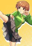  1girl brown_hair feet_out_of_frame green_jacket high_kick jacket kicking kuki_tan leg_up open_mouth persona persona_4 pin satonaka_chie school_uniform short_hair shorts shorts_under_skirt smiley_face solo yasogami_school_uniform zipper zipper_pull_tab 