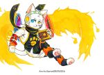  2016 anthro artist_name asnnonaka black_bottomwear black_clothing black_pants black_scarf black_topwear blue_eyes blue_pupils book bottomwear clothed clothing dated domestic_cat felid feline felis fire flaming_wings full-length_portrait fur head_tuft headphones heterochromia holding_book holding_object male mammal orange_bottomwear orange_clothing orange_pants orange_pupils pants portrait pupils scarf simple_background solo three-quarter_view topwear tuft white_background white_body white_bottomwear white_clothing white_fur white_pants wings yellow_clothing yellow_eyes yellow_scarf yellow_topwear 