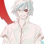  1boy grey_eyes grey_hair grin hair_between_eyes looking_at_viewer male_focus nekoyanagi_milo sabikui_bisco simple_background smile solo upper_body white_background yuz46 