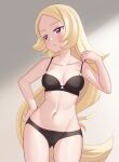  1girl aged_down black_bra black_panties blonde_hair blush bra breasts closed_mouth collarbone commentary_request cynthia_(pokemon) eyelashes frown gazing_eye grey_eyes hand_on_hip hand_up highres long_hair navel panties pokemon pokemon_(anime) pokemon_journeys solo underwear very_long_hair 