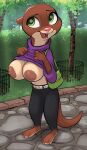  2022 absurd_res anthro areola big_areola big_breasts breasts clothed clothing disney female flashing flashing_breasts green_eyes hi_res huge_areola huge_breasts huge_nipples lutrine mammal mrs._otterton mustelid open_mouth open_smile outside presenting presenting_breasts siroc smile solo zootopia 
