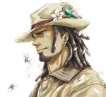  1boy beard bird brown_hair brown_jacket chief_(megalo_box) dark-skinned_male dark_skin dreadlocks earrings egg_(cknlun) facial_hair flower hat hat_flower hat_ornament hummingbird jacket jewelry male_focus mature_male megalo_box petals simple_background solo upper_body white_background 