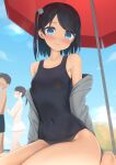  1girl apollo_(hu_maple) bare_shoulders beach beach_umbrella black_hair blue_eyes blush breasts covered_nipples embarrassed flower groin hair_flower hair_ornament highres old_school_swimsuit one-piece_swimsuit one_side_up original paid_reward_available school_swimsuit seiza short_hair sitting small_breasts solo swimsuit umbrella 