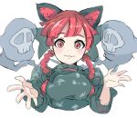  1girl :3 animal_ears bow braid cat_ears cropped_torso dress exkagerou8665 green_dress hair_bow highres kaenbyou_rin long_sleeves palms red_hair solo touhou twin_braids waving 