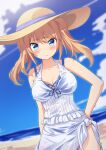 1girl absurdres aya_(project_tokyo_dolls) bangs bare_arms bare_shoulders beach bikini bikini_under_clothes blonde_hair blue_bikini blue_eyes blue_sky blurry blurry_background blush breasts brown_headwear cleavage closed_mouth cloud collarbone commentary_request day depth_of_field dress dutch_angle frilled_dress frills hair_between_eyes halterneck hand_on_hip hat highres horizon looking_at_viewer medium_breasts ocean outdoors project_tokyo_dolls sand see-through sky solo sun_hat swimsuit tied_dress twintails ugume water wet wet_clothes wet_dress white_dress 