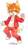  2016 anthro asnnonaka bottomwear brown_nose canid chibi clothed clothing dated footwear front_view full-length_portrait fur glistening glistening_nose hair hi_res jacket jewelry looking_aside male mammal messy_hair necklace open_mouth open_smile orange_hair pants pawpads pink_pawpads portrait red_bottomwear red_clothing red_eyes red_footwear red_jacket red_pants red_shoes red_topwear shoes short_hair signature simple_background smile solo topwear white_background white_body white_clothing white_footwear white_fur white_shoes white_topwear yellow_body yellow_fur 