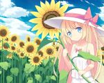  1girl bare_arms blonde_hair blue_eyes blue_sky blush bow breasts closed_mouth cloud collarbone commentary_request day dress flower happy hat hat_bow head_tilt highres hino_(yuruyurukoubou) holding holding_plant lily_white long_hair outdoors oversized_plant plant red_bow sky sleeveless sleeveless_dress small_breasts smile solo spaghetti_strap sun_hat sundress sunflower touhou very_long_hair white_dress white_headwear 