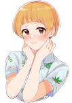  1girl absurdres bangs blonde_hair blue_shirt blunt_bangs blush cropped_torso fukuda_noriko full-face_blush hands_on_own_neck highres idolmaster idolmaster_million_live! leaf_print looking_at_viewer parted_lips polka_dot_collar polka_dot_sleeves shirt short_hair simple_background solo white_background yokoya_inori 