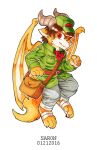  2016 anthro artist_name asnnonaka bottomwear brown_belt brown_hair cheek_tuft chibi clothed clothing coat dated dragon facial_tuft full-length_portrait fur furred_dragon glistening glistening_eyes glistening_hair green_clothing green_coat green_hat green_headwear green_topwear grey_bottomwear grey_clothing grey_pants hair hat headgear headwear male membrane_(anatomy) membranous_wings mouth_closed orange_body orange_fur pants portrait red_eyes short_hair simple_background solo three-quarter_view topwear tuft white_background white_body white_fur white_wings wing_claws wings 