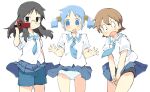  3girls :d aioi_yuuko black_eyes black_hair black_panties blue_eyes blue_hair blue_necktie blue_shorts blue_skirt bright_pupils brown_hair camcorder cowboy_shot glasses hair_between_eyes holding holding_camcorder long_hair minakami_mai miniskirt multiple_girls naganohara_mio necktie nichijou no_nose panties pleated_skirt school_uniform shirt short_hair short_sleeves shorts shorts_under_skirt simple_background skirt smile striped striped_panties tokisadame_school_uniform underwear v-shaped_eyebrows v_arms video_camera white_background white_pupils white_shirt wind wind_lift youhei_64d 