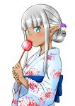  1girl bangs blue_eyes blue_kimono blue_sash blunt_bangs blush candy candy_apple character_hair_ornament dark-skinned_female dark_skin eating flower food grey_hair hair_ornament hair_up highres holding holding_candy holding_food japanese_clothes karla_(kono_healer_mendokusai) kimono kono_healer_mendokusai long_hair looking_at_viewer pointy_ears sash sidelocks simple_background solo spider_lily spider_lily_print tannen_ni_hakkou upper_body white_background yukata 