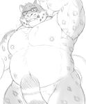 2022 anthro armpit_hair belly big_belly body_hair eyewear felid glasses hi_res kemono male mammal nanntaro navel nipples overweight overweight_male pantherine simple_background snow_leopard solo 