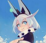  0g0nn 1girl ahoge animal_ears black_hairband blue_eyes blue_sky breasts cleavage closed_mouth clothing_cutout cloud clover collar elphelt_valentine fake_animal_ears four-leaf_clover from_side guilty_gear guilty_gear_xrd hair_between_eyes hairband huge_ahoge large_breasts looking_at_viewer looking_to_the_side profile rabbit_ears ringed_eyes short_hair sky smile solo spiked_collar spiked_hairband spikes upper_body white_hair 