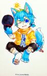  2016 asnnonaka black_bottomwear black_clothing black_pants blue_body blue_clothing blue_eyes blue_fur blue_hair blue_topwear bottomwear canid chibi clothed clothing dated full-length_portrait fur glistening glistening_eyes glistening_hair glistening_pawpads hair looking_at_viewer male mammal messy_hair no_pupils open_mouth open_smile pants pawpads pink_pawpads portrait short_hair simple_background sitting smile solo topwear white_background white_body white_clothing white_fur white_topwear yellow_jacket 