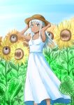  1girl :o absurdres arms_up bangs blue_eyes blunt_bangs breasts carnivorous_plant commentary dark-skinned_female dark_skin day dress feet_out_of_frame flower grey_hair hands_on_headwear hat highres karla_(kono_healer_mendokusai) kono_healer_mendokusai long_hair looking_at_viewer medium_breasts monster outdoors plant pointy_ears sidelocks sky solo standing straw_hat sundress sunflower tannen_ni_hakkou venus_flytrap white_dress 