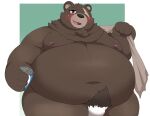  2022 anthro belly ben_(zenless_zone_zero) big_belly black_nose blush brown_body can container hi_res kemono kusosensei male mammal mihoyo moobs navel nipples obese obese_male overweight overweight_male scar solo towel ursid video_games zenless_zone_zero 