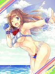  1girl armpits ascot blue_eyes breasts brown_hair castlevania castlevania:_portrait_of_ruin charlotte_aulin cloud kasakasanekokon long_hair looking_at_viewer navel one_eye_closed open_mouth smile solo splashing swimsuit water 