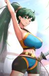  1girl absurdres bangs breasts commentary_request earrings fire_emblem fire_emblem:_the_blazing_blade fire_emblem_heroes gonzarez green_eyes green_hair highres jewelry large_breasts long_hair lyn_(fire_emblem) navel official_alternate_costume one_eye_closed ponytail shorts smile solo sword very_long_hair weapon 