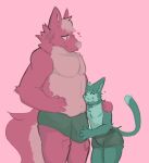  &lt;3 anthro belly bulge bulge_grab canid canine canis clothing domestic_cat duo face_in_belly felid feline felis green_body hi_res huskerpu larger_male male male/male mammal overweight overweight_anthro overweight_male pink_body simple_background size_difference underwear wolf 
