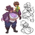  anthro big_breasts bigdad blush breasts cleavage clothed clothing covered_eyes deltarune duo female holding_another huge_breasts human kris_(deltarune) male male/female mammal raised_leg reptile scalie susie_(deltarune) thick_thighs toothy_grin undertale_(series) video_games 