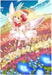  1girl absurdres ametama_(runarunaruta5656) barefoot blonde_hair blue_eyes blue_flower bow bowtie capelet cloud cloudy_sky commentary_request day dress fairy fairy_wings field floating_hair flower flower_field flying full_body grass happy hat hat_bow highres leg_ribbon lily_white long_hair long_sleeves open_mouth outdoors outstretched_arms pink_flower pointy_hat red_bow red_bowtie red_flower red_ribbon ribbon sky solo toes touhou very_long_hair white_capelet white_dress white_flower white_headwear wide_sleeves wings yellow_flower 