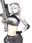  1girl bangs black_gloves black_pants breasts facial_mark feet_out_of_frame fingerless_gloves girls&#039;_frontline gloves green_sports_bra gun h&amp;k_sl8 hand_on_hip highres holding holding_gun holding_weapon long_sleeves looking_at_viewer medium_breasts medium_hair navel open_mouth pants purple_eyes rifle sl8_(girls&#039;_frontline) smile sniper_rifle solo sports_bra standing sumi_ojie teeth visor_cap weapon white_background white_hair 