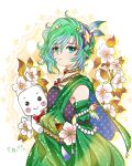  1girl closed_mouth dress feathers final_fantasy final_fantasy_iv flower green_eyes green_hair hair_ornament highres jewelry looking_at_viewer necklace rydia_(ff4) short_hair star_(symbol) 
