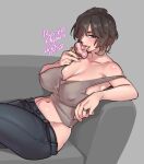  1girl agawa_ryou bangs bare_shoulders breasts brown_hair cleavage couch covered_nipples doughnut food grey_background jewelry large_breasts looking_to_the_side mature_female midriff navel original ring short_hair sitting strap_slip tank_top tongue tongue_out 