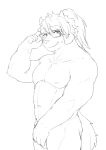  adjusting_glasses balls barely_visible_balls barely_visible_genitalia barontoko catoblepas_(tas) covering covering_crotch eyewear genitals glasses hi_res lifewonders looking_at_viewer male monochrome muscular muscular_male nipples nude solo tokyo_afterschool_summoners video_games 